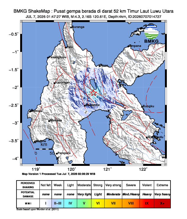 Gempa Magnitudo 4.3, 52km dari Timur Laut Luwu Utara, Sulawesi Selatan