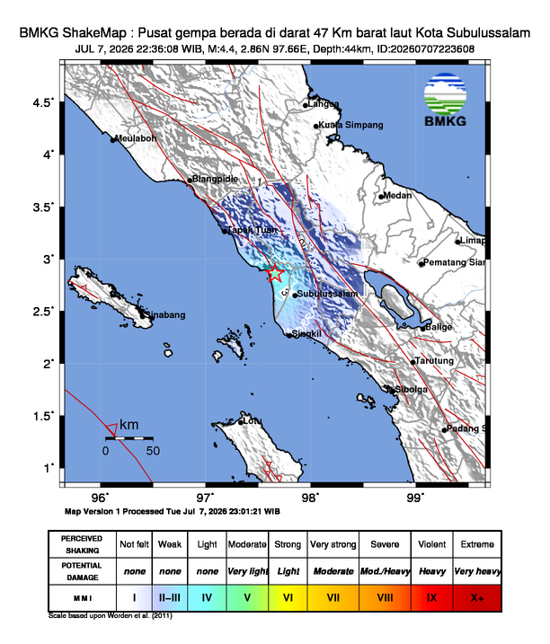 Gempa Magnitudo 4.4, 47 Km Barat laut Subulussalam, Aceh