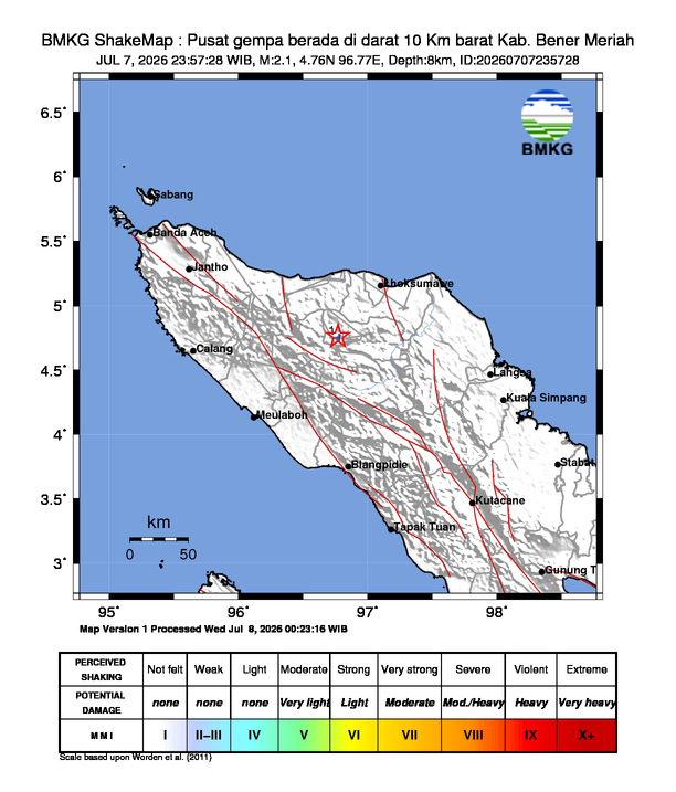 Gempa Magnitudo 2.1, 10 Km barat Bener Meriah, Aceh