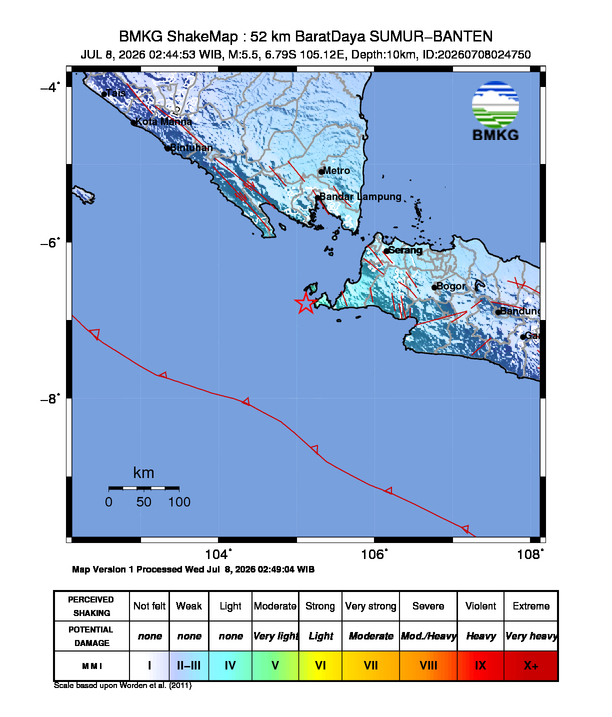 Peta gempa 52 km Barat Daya Sumur Pandeglang, Banten