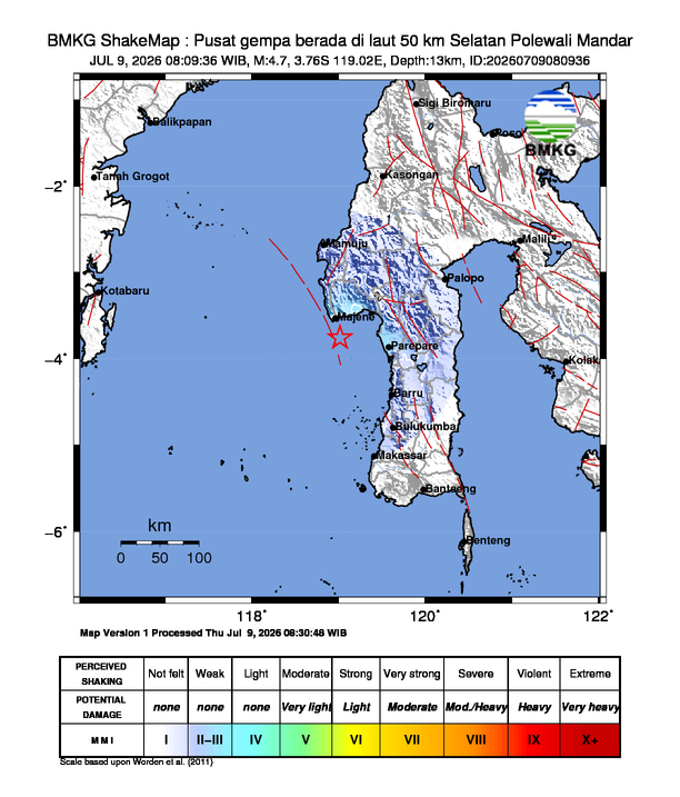 Gempa Magnitudo 4.7, 50km dari Selatan Polewali Mandar, Sulawesi Barat