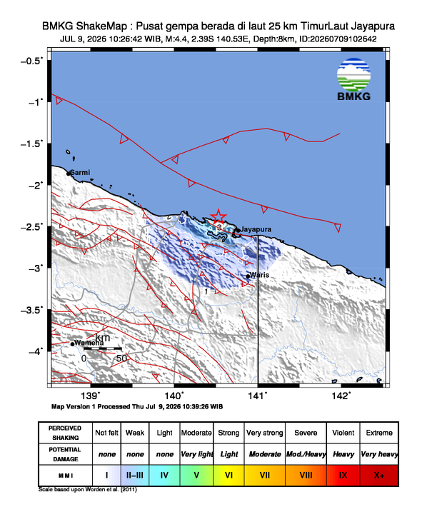 Gempa Magnitudo 4.4, 25km dari Timur Laut Jayapura, Papua