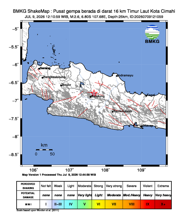 Gempa Magnitudo 2.6, 16km dari Timur Laut Kota Cimahi