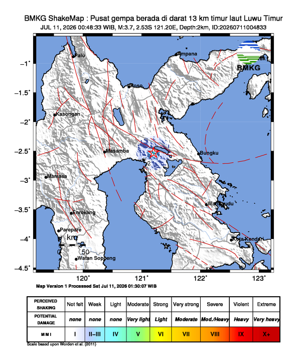 Gempa Magnitudo 3.7, 13km dari timur laut Luwu Timur