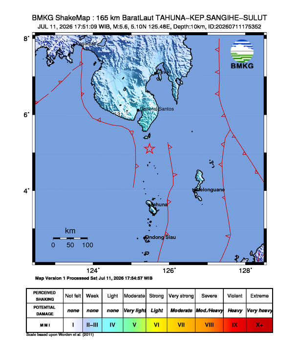 Peta gempa 165 km BaratLaut TAHUNA-KEP.SANGIHE-SULUT