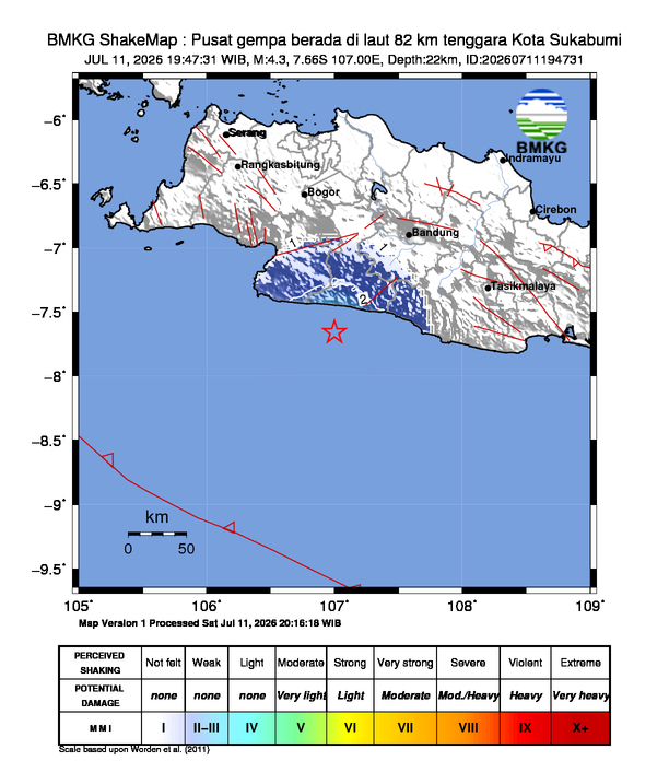 Gempa Magnitudo 4.3, 82km dari tenggara Kota Sukabumi