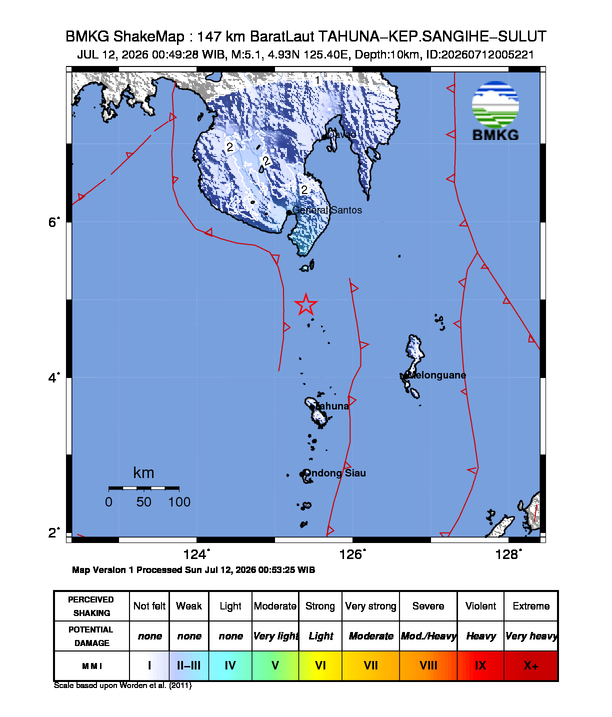 Peta gempa 147 km BaratLaut TAHUNA-KEP.SANGIHE-SULUT