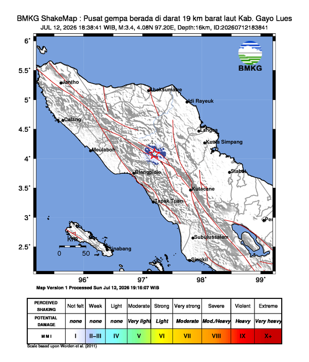 Gempa Magnitudo 3.4, 19km dari barat laut Kab. Gayo Lues