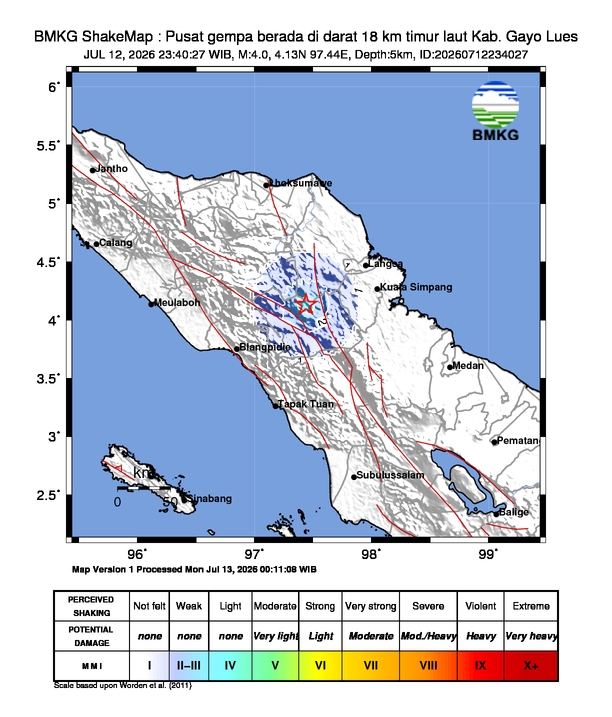 Gempa Magnitudo 4.0, 18km dari timur laut Kab. Gayo Lues