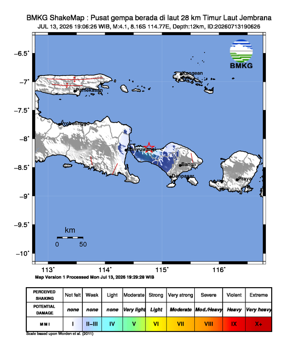 Gempa Magnitudo 4.1, 28km dari Timur Laut Jembrana