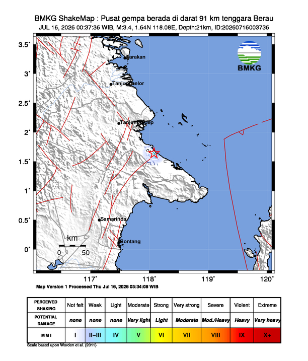 Gempa Magnitudo 3.4, 91km dari tenggara Berau