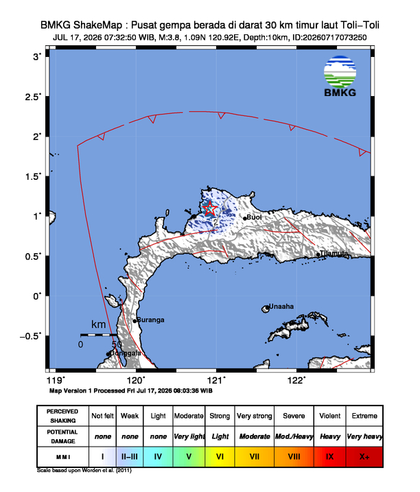 Gempa Magnitudo 3.8, 30km dari timur laut Toli-Toli