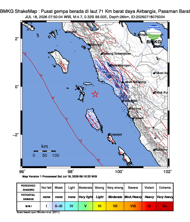 Gempa Magnitudo 4.7, 71 Km barat daya Airbangis, Pasaman Barat