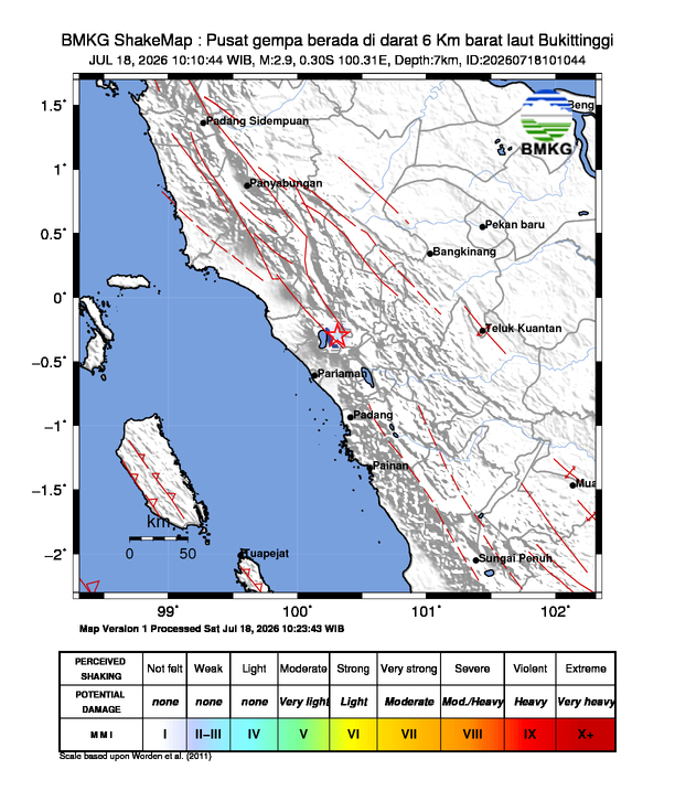 Gempa Magnitudo 2.9, 6 Km barat laut Bukittinggi