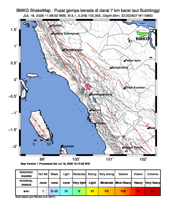Gempa Magnitudo 3.1, 7km dari Barat laut Bukittinggi, Sumatera Barat