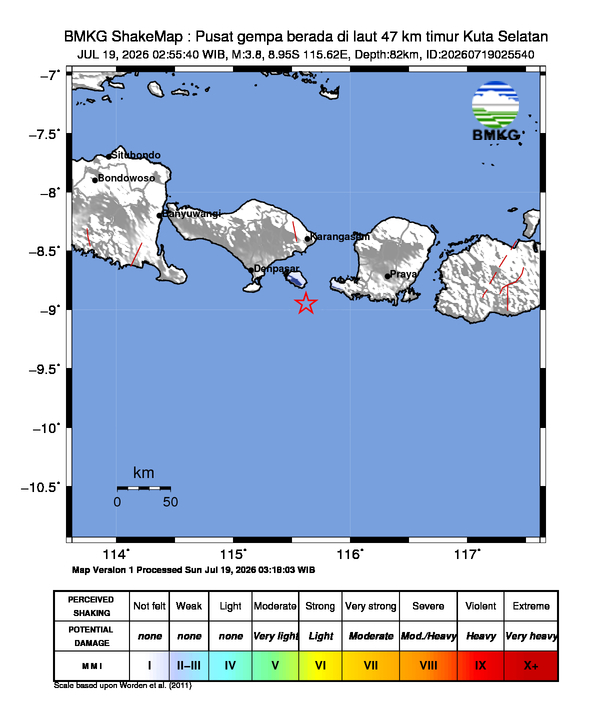Gempa Magnitudo 3.8, 47km dari Timur Kuta Selatan, Bali
