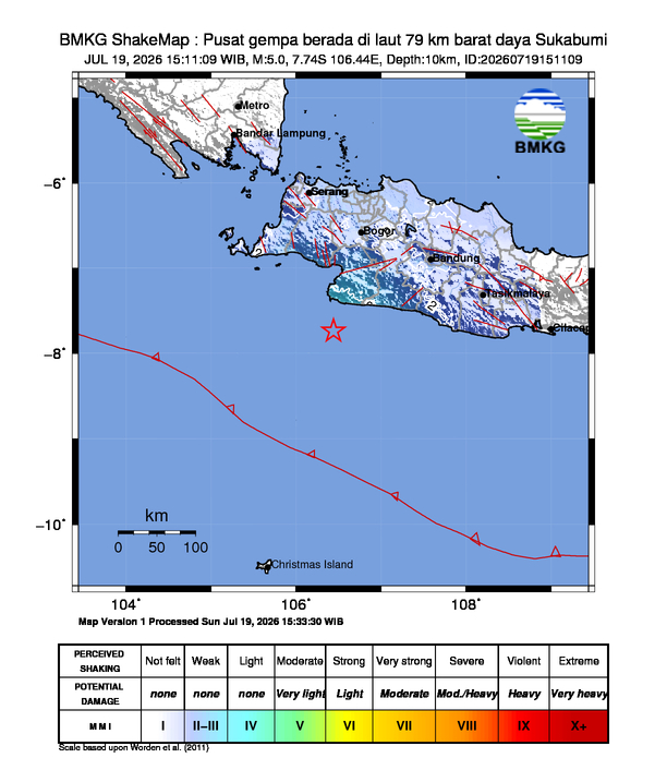 Gempa Magnitudo 5.0, 79km dari Barat daya Sukabumi, Jawa Barat