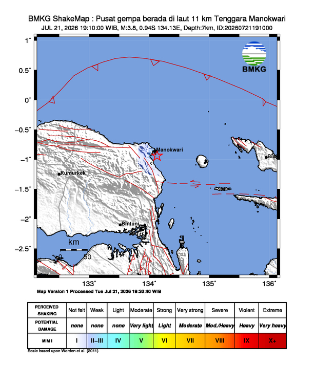 Gempa Magnitudo 3.8, 11km dari Tenggara Manokwari, Papua Barat