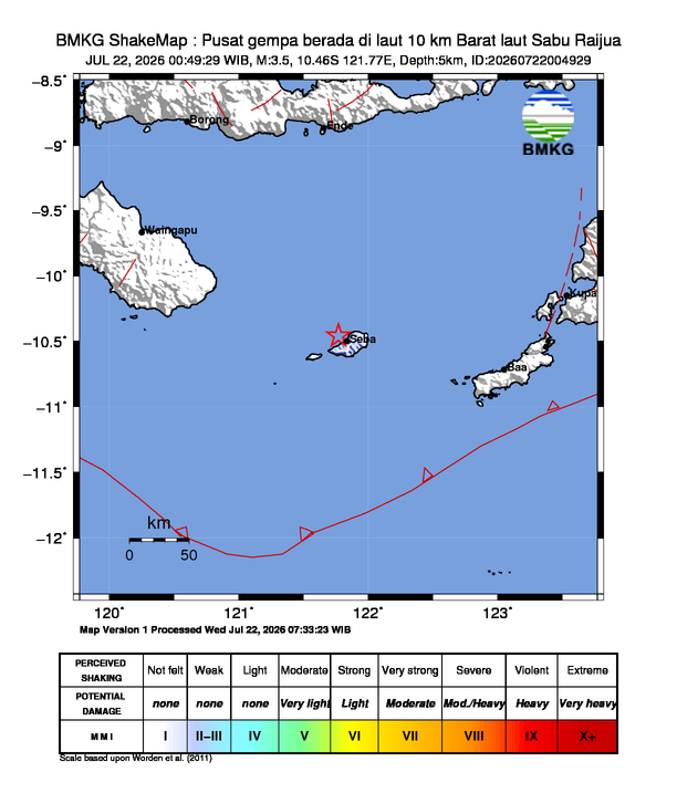 Gempa Magnitudo 3.5, 10km dari Barat laut Sabu Raijua, Nusa Tenggara Timur