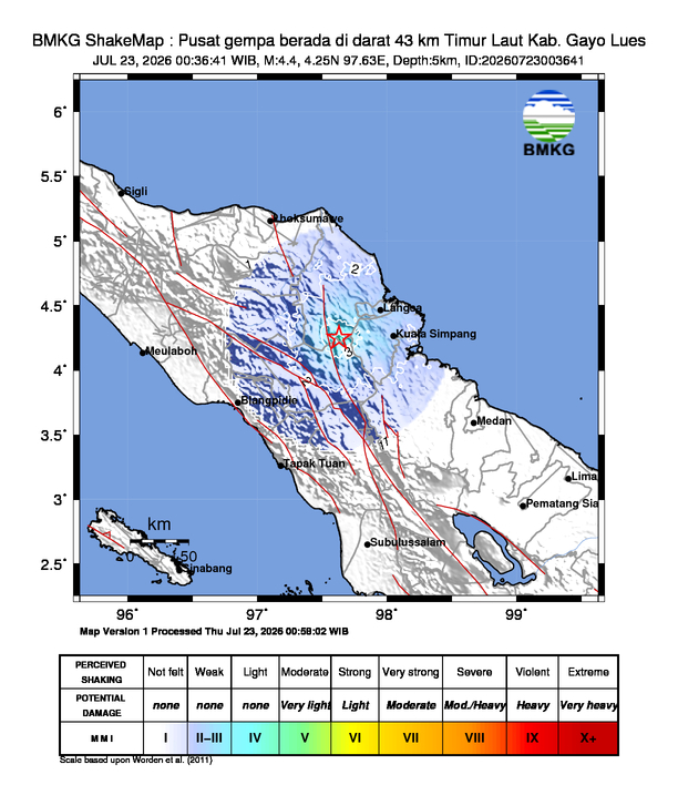 Gempa Magnitudo 4.4, 43km dari Timur Laut Gayo Lues, Aceh