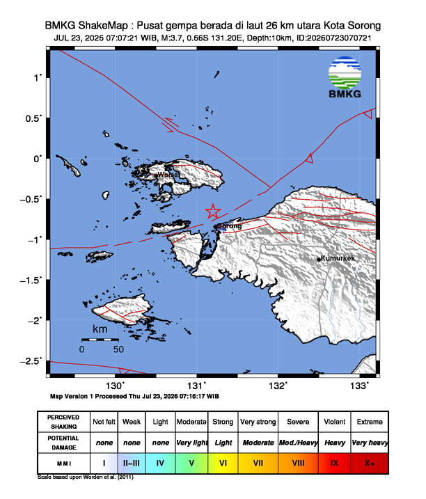Gempa Magnitudo 3.7, 26km dari Utara Kota Sorong, Papua Barat Daya