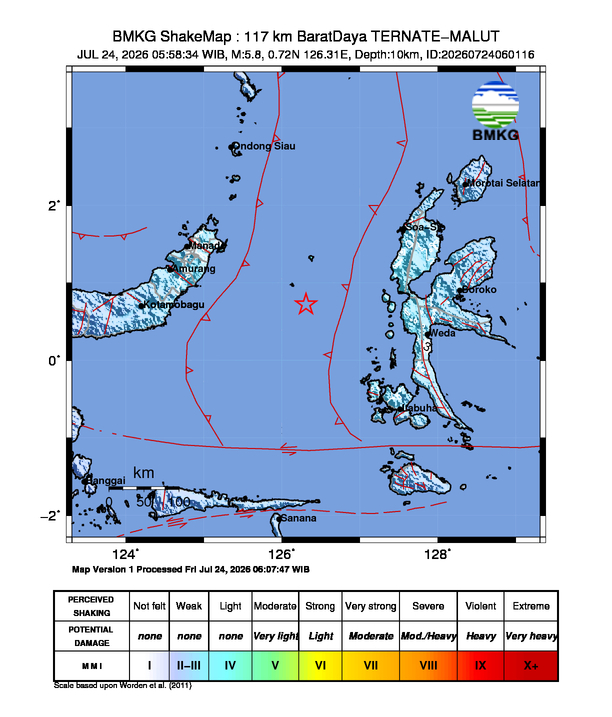 Gempa Magnitudo 5.8, 117km dari Barat Daya Ternate, Maluku Utara