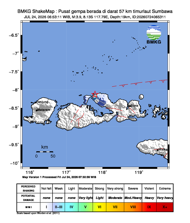 Gempa Magnitudo 3.9, 57km dari Timur laut Sumbawa, Nusa Tenggara Barat