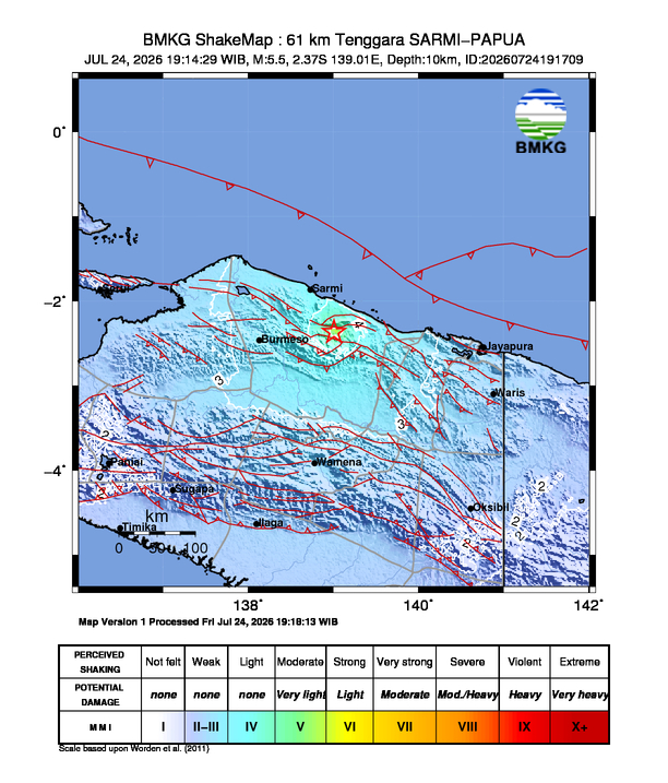 Gempa Magnitudo 5.5, 61km dari Tenggara Sarmi, Papua