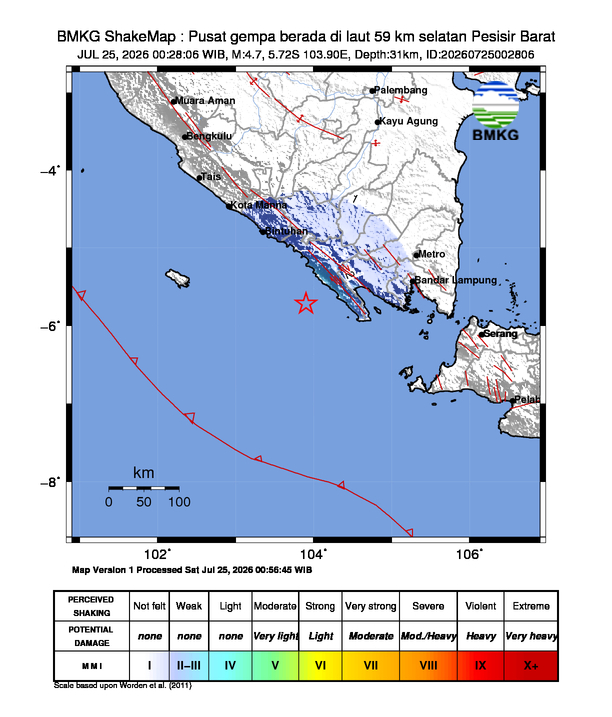 Gempa Magnitudo 4.7, 59km dari selatan Pesisir Barat, Lampung
