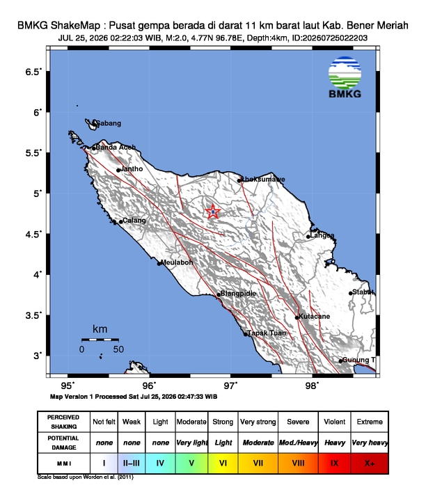 Gempa Magnitudo 2.0, 11km dari Barat laut Bener Meriah, Aceh