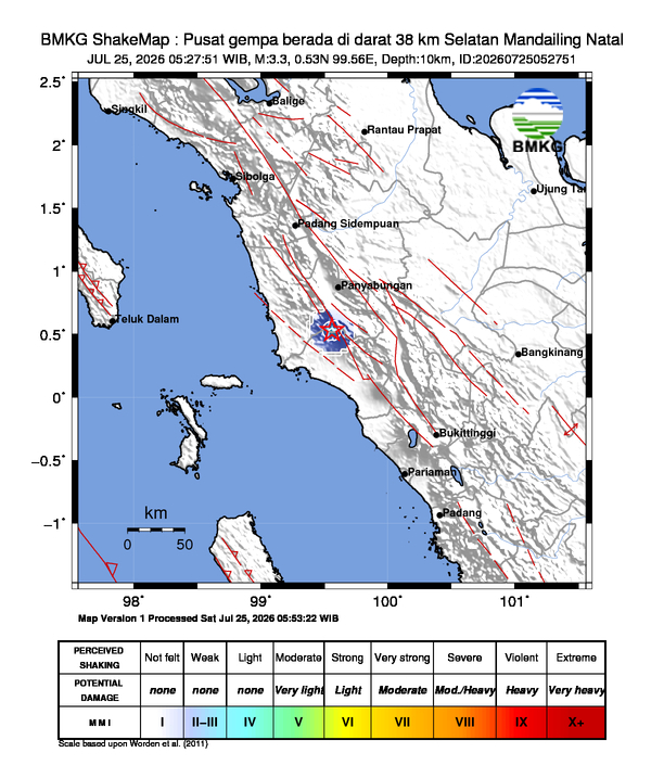 Gempa Magnitudo 3.3, 38km dari Selatan Mandailing Natal, Sumatera Utara