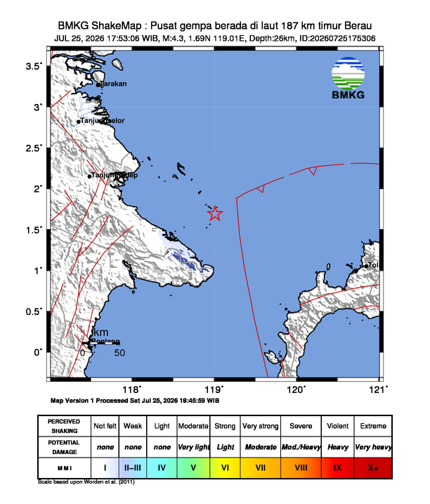 Gempa Magnitudo 4.3, 187km dari Timur Berau, Kalimantan Timur