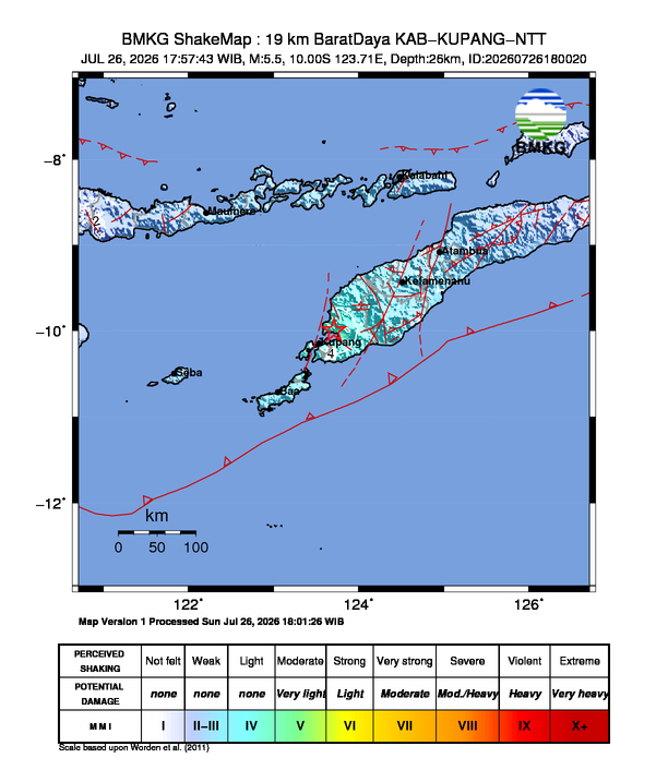 Gempa Magnitudo 5.5, 19km dari Barat Daya Kupang, Nusa Tenggara Timur