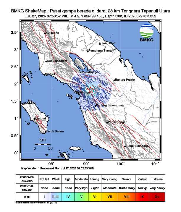 Gempa Magnitudo 4.2, 28km dari Tenggara Tapanuli Utara, Sumatera Utara
