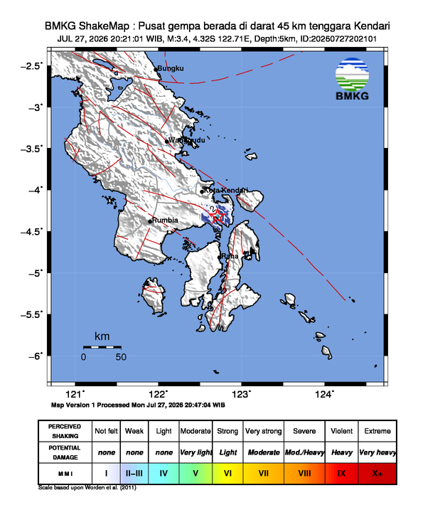 Gempa Magnitudo 3.4, 45km dari Tenggara Kendari, Sulawesi Tenggara