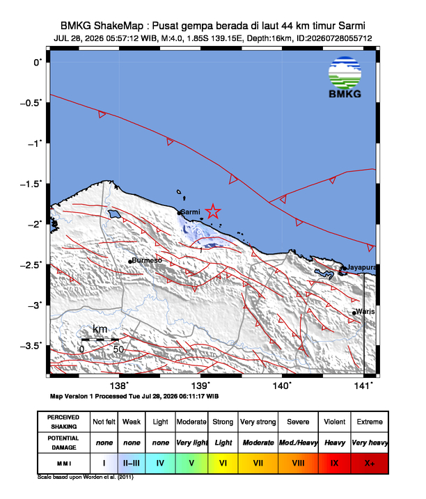 Gempa Magnitudo 4.0, 44km dari timur Sarmi, Papua