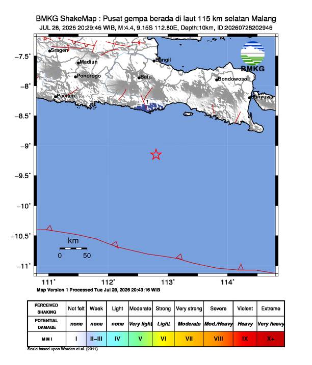 Gempa Magnitudo 4.4, 115km dari selatan Malang, Jawa Timur