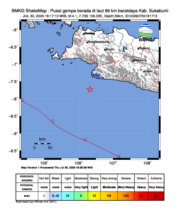 Gempa Magnitudo 4.1, 86km dari Barat daya Sukabumi, Jawa Barat