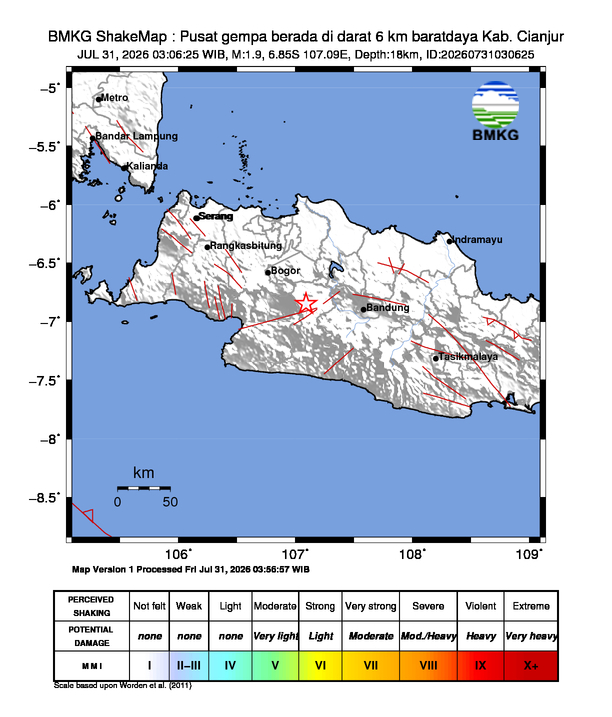 Gempa Magnitudo 1.9, 6km dari barat daya Cianjur, Jawa Barat