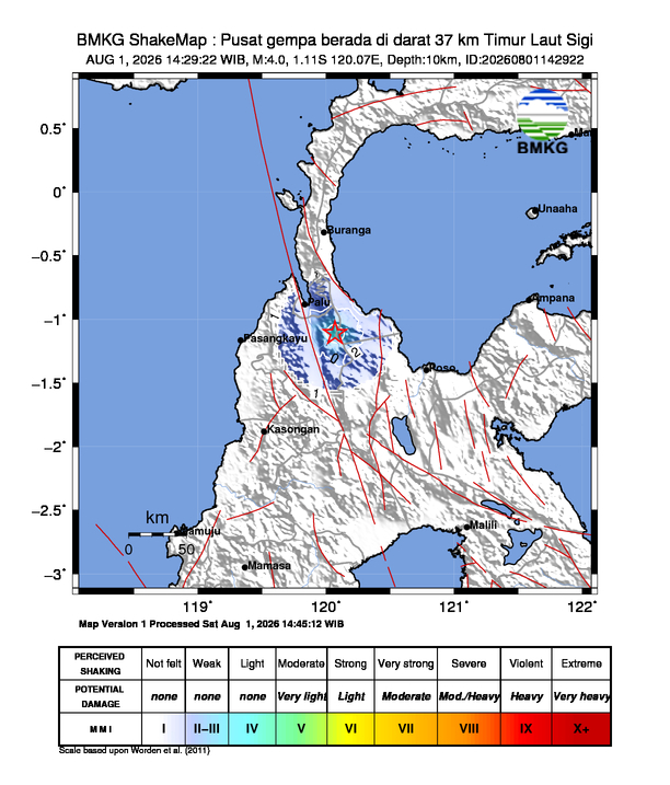 Gempa Magnitudo 4.0, 37km dari Timur Laut Sigi