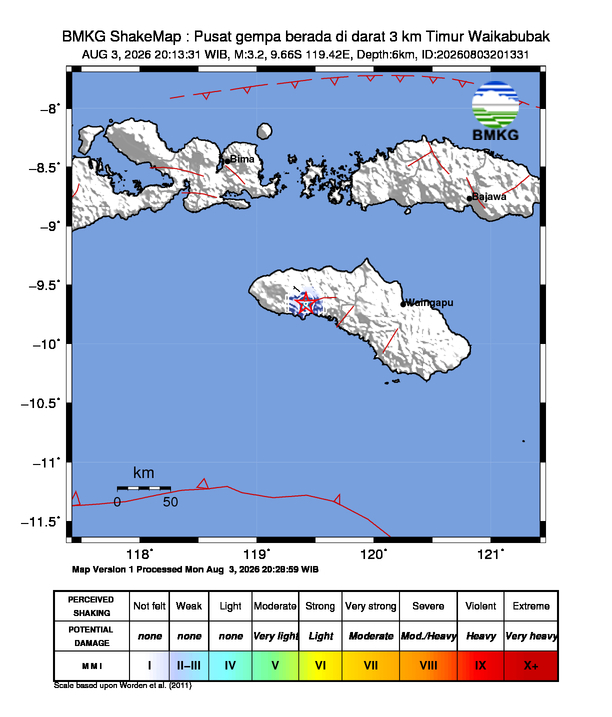 Gempa Magnitudo 3.2, 3km dari Timur Waikabubak, Nusa Tenggara Timur