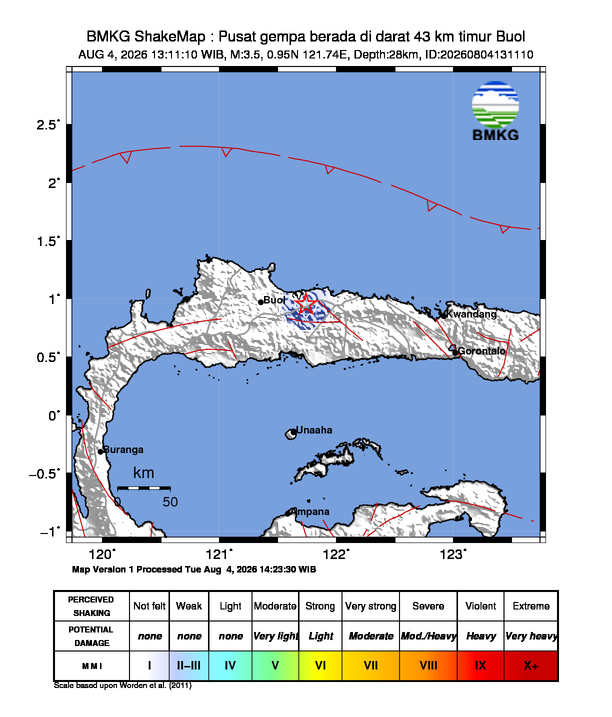 Gempa Magnitudo 3.5, 43km dari Timur Buol, Sulawesi Tengah