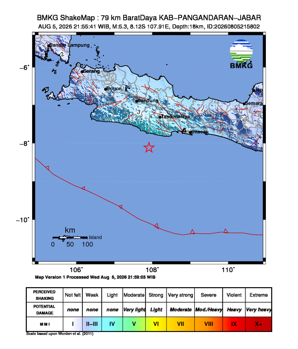 Gempa Magnitudo 5.3, 79km dari Barat Daya Pangandaran, Jawa Barat
