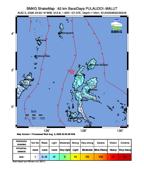 Gempa Magnitudo 5.9, 62km dari Barat Daya Pulau Doi, Maluku Utara