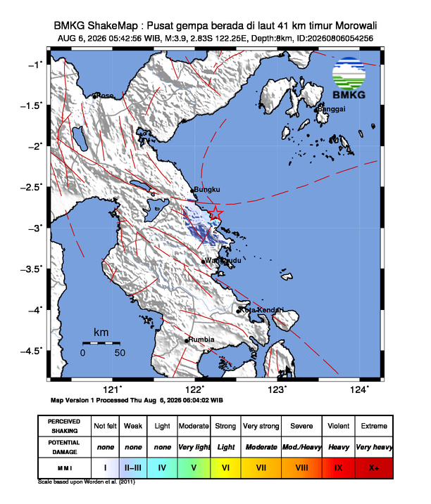 Gempa Magnitudo 3.9, 41km dari Timur Morowali, Sulawesi Tengah