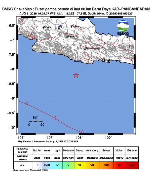 Gempa Magnitudo 4.1, 88km dari Barat Daya Pangandaran, Jawa Barat