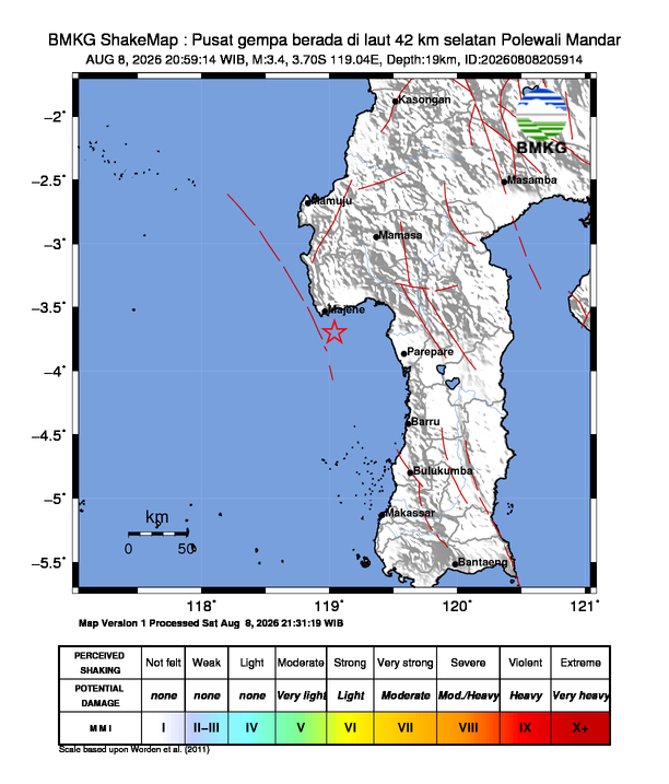 Gempa Magnitudo 3.4, 42km dari Selatan Polewali Mandar, Sulawesi Barat
