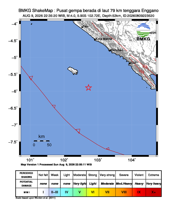 Gempa Magnitudo 4.0, 79km dari Tenggara Enggano, Bengkulu