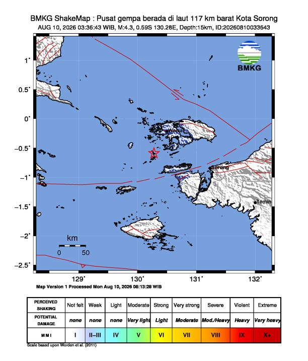 Gempa Magnitudo 4.3, 117km dari Barat Kota Sorong, Papua Barat Daya