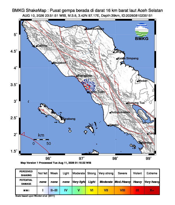 Gempa Magnitudo 3.6, 16km dari barat laut Aceh Selatan, Aceh